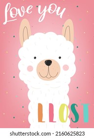 Vektorgrafik eines handgezeichneten Lamas oder Alpacas mit einer Inschrift Liebe Sie verloren haben. Bild zu südamerikanischen Themen für Kinder, Textilien, Kleidung, Karten, Einladungen.