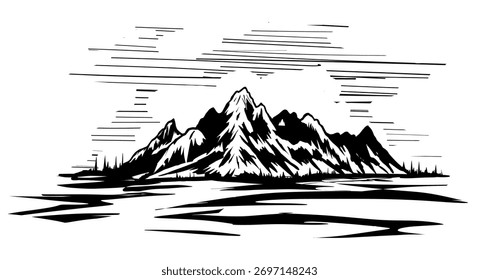 Vector illustration. Hand-drawn mountains with forest.