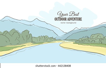 Vector Illustration: Hand-drawn Mountains Landscape With River, Forest. Line Style.