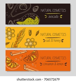 Vector illustration of hand-drawn organic ingredients for the store of natural cosmetics. Organic illustration for a postcard / banner template / background / poster. Line art designs. 