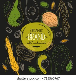 Vector illustration of hand-drawn organic ingredients for the store of natural product or packaging. Organic illustration for a postcard / banner template / background / poster. Line art designs.