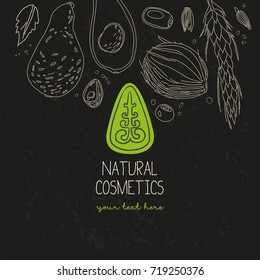 Vector illustration of hand-drawn organic ingredients and logo for the store of natural cosmetics. Organic illustration for a package / banner template / background / poster. Line art designs.