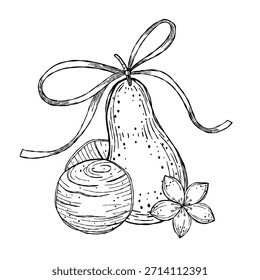 Ilustração vetorial de pera desenhada à mão com flores, arco de fita e bolas de sorvete em arte de linha preta e branca.