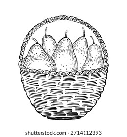 Ilustración vectorial de peras dibujadas a mano en una cesta, con detalles en blanco y negro, apta para carteles, embalajes, mercados y estampados de estilo vintage.
