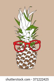 vector illustration of hand-drawn pineapple wearing sunglasses. EPS