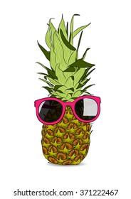 vector illustration of hand-drawn pineapple wearing sunglasses. EPS