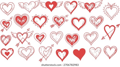 Vektorgrafik der handgezeichneten Pixel Art Hearts Collection. Grunge Doodle Love Symbole für Valentinstag.