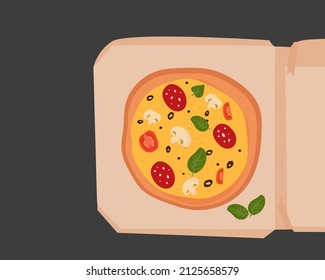 Ilustración vectorial de una pizza hecha a mano con queso, salchichas y tomate y albahaca en una caja sobre fondo negro.