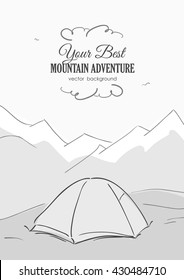 Vector illustration: Hand-drawn Poster design with Mountains landscape and tent. Line style