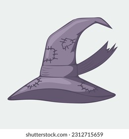 Vector illustration of a hand-drawn purple witch hat with patches.