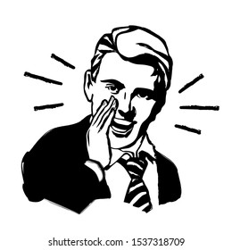 Vector illustration handdrawn retro pop art male face. Young man with open mouth screaming announcement in vintage ad art style.