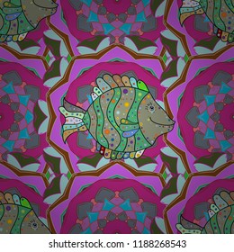 Vector illustration. Handdrawn. Seamless Fish pattern. Fishes on neutral, magenta and violet.