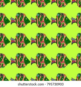 Vector illustration. Handdrawn. Seamless Fish pattern.Fishes on green, orange and black.