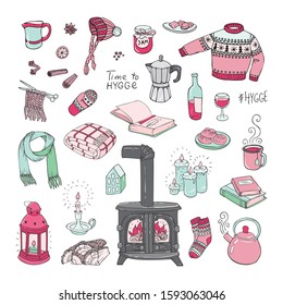 Vector illustration. Hand-drawn set of hygge doodles.
