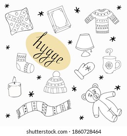 Vector illustration. Hand-drawn set of hygge doodles.