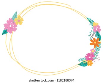 Vector illustration of hand-drawn shape frames decorated with colorful flowers and leaves