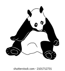 Vector illustration of a hand-drawn sitting panda bear. Black and white linear panda icon in doodle style