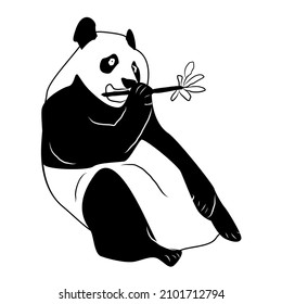 Vector illustration of a hand-drawn sitting panda bear. Black and white linear panda icon in doodle style