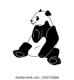 Vector illustration of a hand-drawn sitting panda bear. Black and white linear panda icon in doodle style