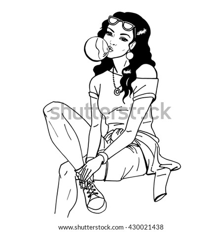 Vector illustration hand-drawn sketch of a beautiful cute girl sitting and making bubbles of gum. Woman with sunglasses painted by hand. On an isolated white background.