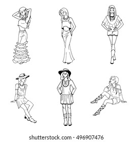 Vector illustration of a hand-drawn sketch of a set of beautiful girls in fashionable clothes. A woman in a stylish dress. On an isolated white background. Boho style. The concept of shopping.