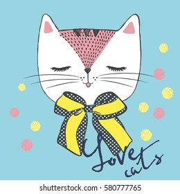 Vector illustration of handdrawn sketch white cat with polka dot bow and lettering " Love cats". Cat's head with closed eyes, colored snowballs for your design isolated on a blue background. Freehand