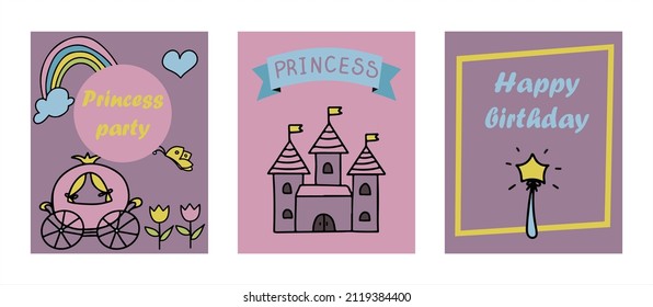 Vector Illustration Hand-Drawn Sketchy Fairy Tale Princess banners Tiara Crown Doodle Design Cards Set Vector Illustration. Cliparts for invitation, ad, book