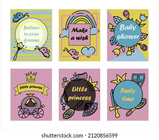 Vector Illustration Hand-Drawn Sketchy Fairy Tale Princess banners Tiara Crown Doodle Design Cards Set Vector Illustration. Cliparts for invitation, ad, book