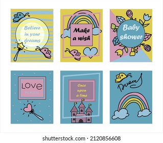 Vector Illustration Hand-Drawn Sketchy Fairy Tale Princess banners Tiara Crown Doodle Design Cards Set Vector Illustration. Cliparts for invitation, ad, book