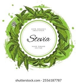 Vector illustration of hand-drawn stevia plants in a round frame. There are greenery, twigs and flowers. A natural sweet alternative for dietary nutrition.