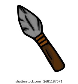 Eine Vektorgrafik einer handgezeichneten Speerspitze aus Steinzeit mit braunem Holzgriff, die ein einzigartiges Design und eine Farbpalette aufweist, die für verschiedene Projekte geeignet ist.