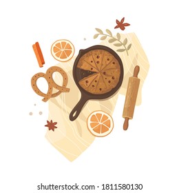 Vector illustration in a hand-drawn style. Pie in a vintage pan on the napkin. Wooden rolling pin, slices of orange, cinnamon, and star anise, spice. Festive mood, homemade breakfasts, cozy atmosphere