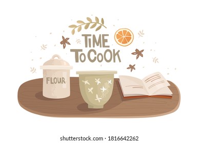 Vector illustration in a hand-drawn style. Vintage wood tabletop with texture. Jar with flour, bowl, recipe book, and spices. Spicy Christmas pastries, holiday treats, bake. Lettering time to cook.