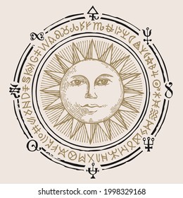 Vector illustration with the hand-drawn Sun and esoteric symbols on an old beige background. Retro style banner, mascot or amulet in the form of a circle with magic signs and runes