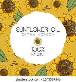 Vector illustration with handdrawn sunflowers with seeds on ochre yellow background. Design for sunflower oil, sunflower packaging, natural cosmetics, health care products