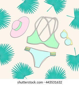 Vector illustration. Hand-drawn swimsuit, hat, sunglasses and fan palm leaves