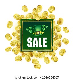 Vector illustration. Hand-drawn text SALE  on background of gold moneys with drawn shamrock. For Irish celebration design St. Patrick's Day . For printing posters, banners, flyers for store sales.