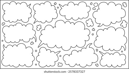 A vector illustration of hand-drawn transparent cloud-shaped speech and thought bubbles. Ideal for comics, chats, and creative projects. Fully editable and perfect for designers.