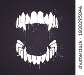 Vector Illustration Handdrawn Vampire Horror Teeth With Splatter Effects For Helloween.