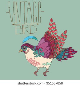 vector illustration of hand-drawn vintage bird on blue background