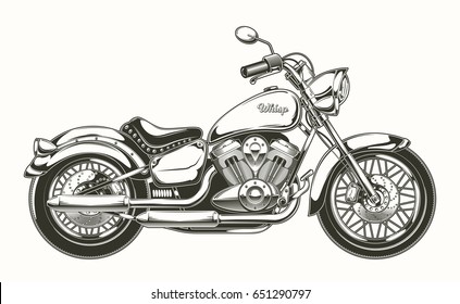 Vector illustration of hand-drawn vintage motorcycle. Classic chopper in ink style. Print, engraving, template, design element