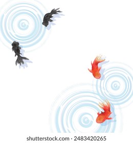 Vector illustration of hand-drawn watercolor goldfish and ripples