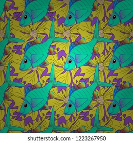 Vector illustration. Hand-drawn watercolor sea life. Ocean fish on colored background. Beautiful seamless pattern with violet, yellow and green fishes.