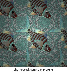 Vector illustration. Hand-drawn watercolor sea life. Ocean fish on colored background. Beautiful seamless pattern with gray, brown and blue fishes.