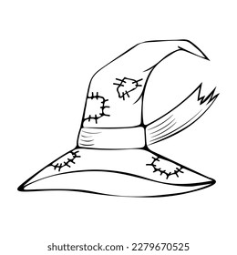 Vector illustration of a hand-drawn witch hat with patches.