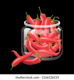Vector illustration of a handful of chili peppers in a glass jar. Realistic graphics on a black isolated background for any composition, background, banner or sticker. Your taste of aromatic spices