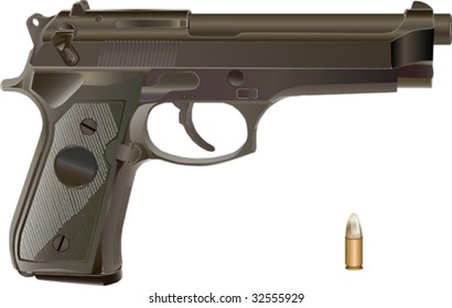 vector illustration. handgun  and bullet caliber 9mm