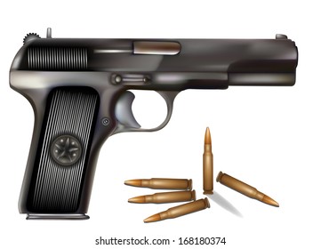 vector illustration of handgun with bullets
