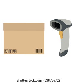 Vector illustration handheld barcode scanner scanning barcode from cardboard box. Cardboard box  with symbols keep dry, fragile, no sun, sign up vector