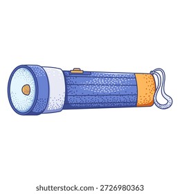 Ilustración vectorial de una linterna de mano con detalles amarillos, con un Botón encendido, lente y una correa en bucle. Ideal para camping y emergencia